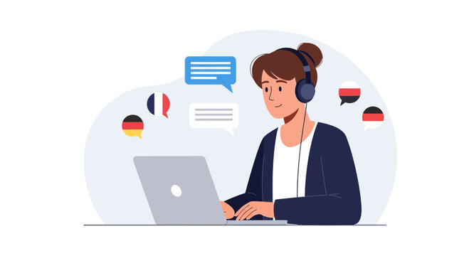Online translator, learning languages, communication, diverse languages, businesswoman with laptop