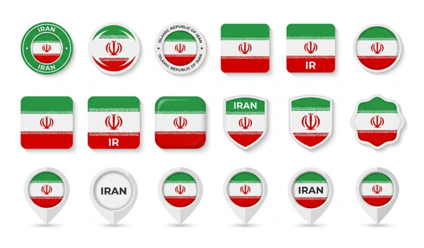 Iran Flag Vector Icon Set with Circular Badge and Map Marker Label Design