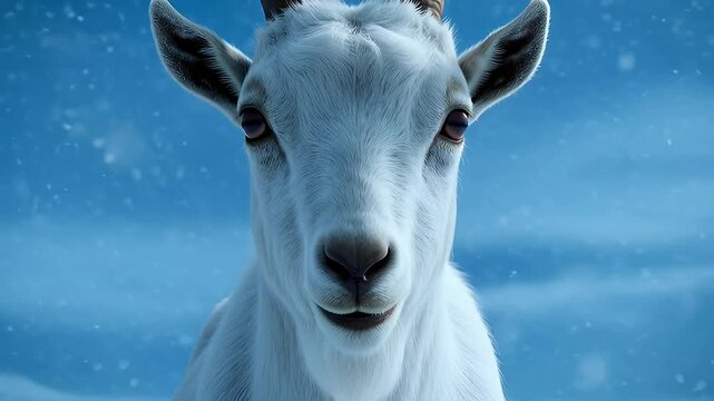 White goat climb snowy mountain peak in blue winter light