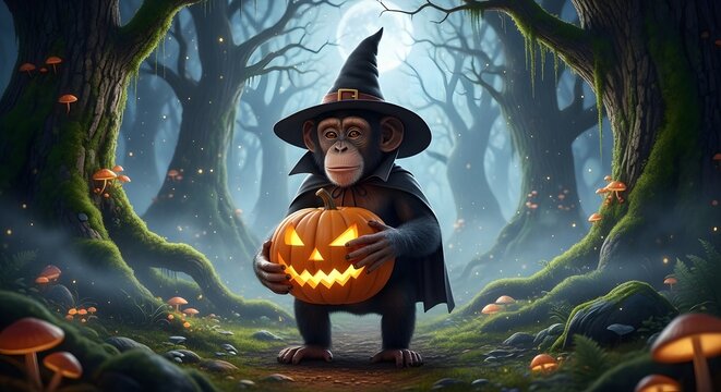 Chimpanzee dressed as a witch holds a glowing jack-o'-lantern in the middle of a mystical foggy forest with mushrooms and ancient trees.