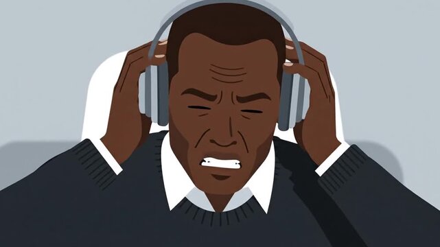Man Experiencing Headache While Wearing Headphones In Animated Illustration