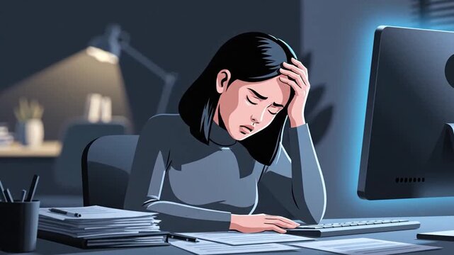 Illustration Of Weary Office Worker Overwhelmed By Work Late At Night