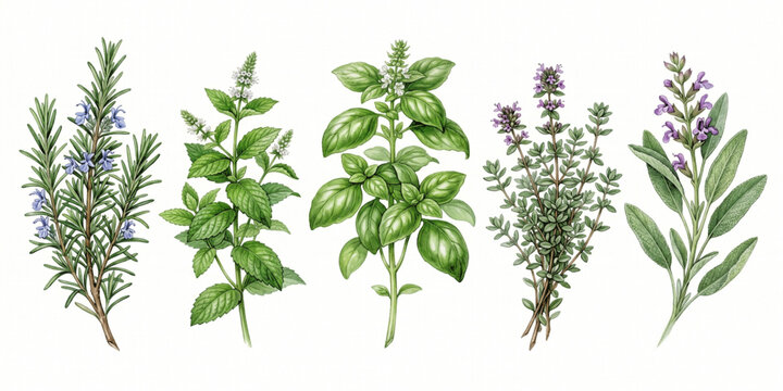 Watercolor Botanical Illustration Bundle of Fresh Culinary Herbs: Rosemary, Mint, Basil, Thyme, and Sage