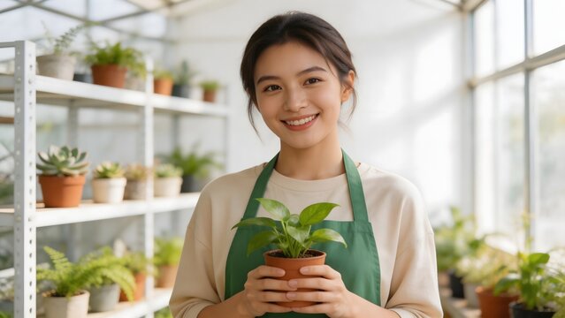 Woman holding potted plant in greenhouse