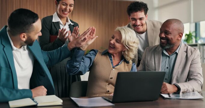 Laptop, clapping and business people with high five in office for success, growth or achievement. Excited, celebration and accountant team with manager praise for investment, goals and good news