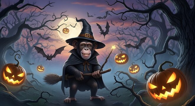 Chimpanzee dressed as a witch stands in a dark forest surrounded by glowing jack-o'-lanterns and flying bats during a spooky Halloween night.