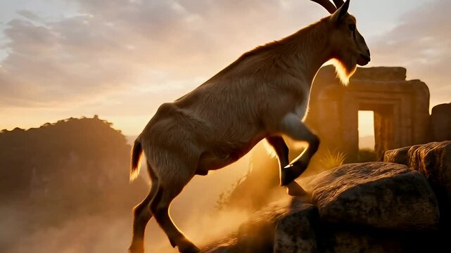 Wild goat during a mountain climb over ancient stone ruins