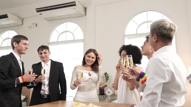 Pride and LGBTQ festival concept. Celebrating equal marriage: men and women happily marry, toasting with white wine, clinking glasses, partying, and dancing together.