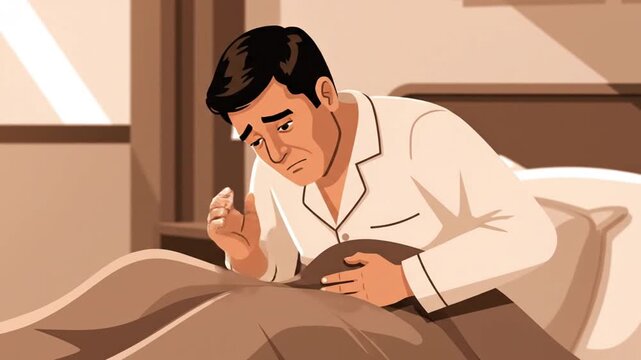 Man In Bed Experiencing Discomfort And Pain Visualizing Illness Or Anxiety