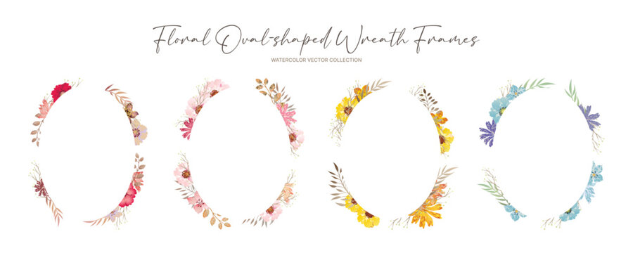 Set of four watercolor floral oval and wreath frames with delicate blossoms and foliage, perfect for invitations and design projects