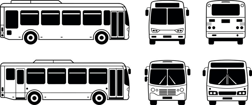 City bus vector template set featuring side front and back views for public transportation branding urban transit and passenger vehicle mockup designs