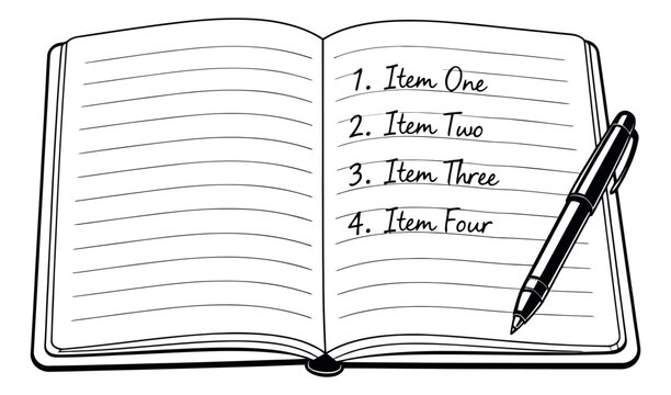 Hand drawn line art illustration of an open notebook and pen depicting a numbered list for planning