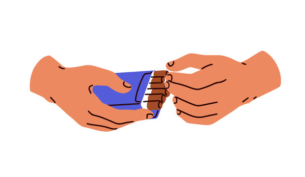 Hands holding cigarette pack. Taking out tobacco stick, nicotine cig for smoking and sharing. Addicted smoker opening cigarete package box. Flat vector illustration isolated on white background