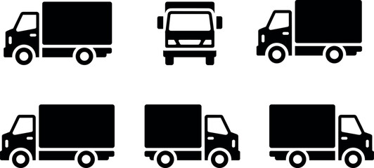 Delivery truck vector silhouette set featuring side and front views for logistics shipping transport moving service and commercial freight mockup designs © Md