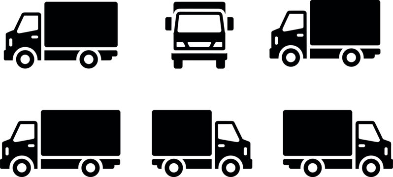 Delivery truck vector silhouette set featuring side and front views for logistics shipping transport moving service and commercial freight mockup designs