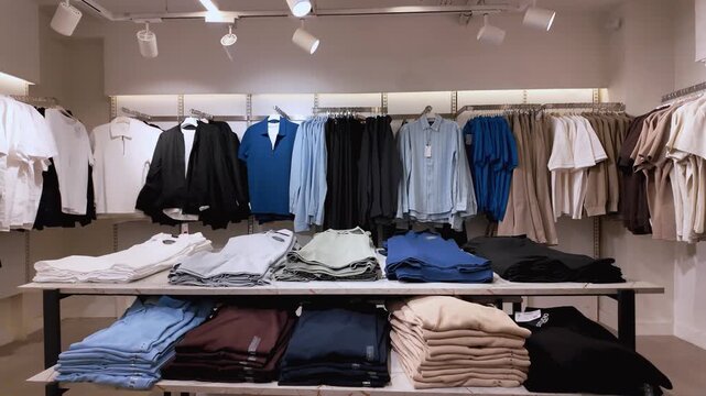 Smooth camera movement through the menswear section of a contemporary retail store, showing a wide assortment of stylish clothes and accessories hanging on racks and neatly folded on tables