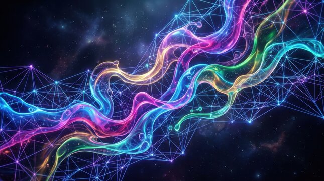 Vibrant abstract image of a colorful wavy network with glowing particles resembling a nebula in outer space. Represents data, connection, and technology.