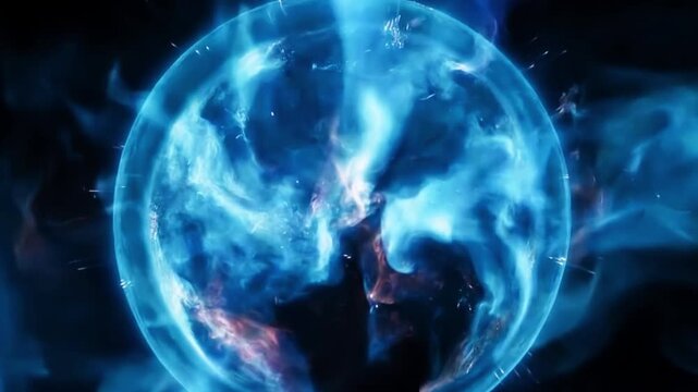 Pulsing blue plasma sphere expanding and contracting, abstract energy concept on black background