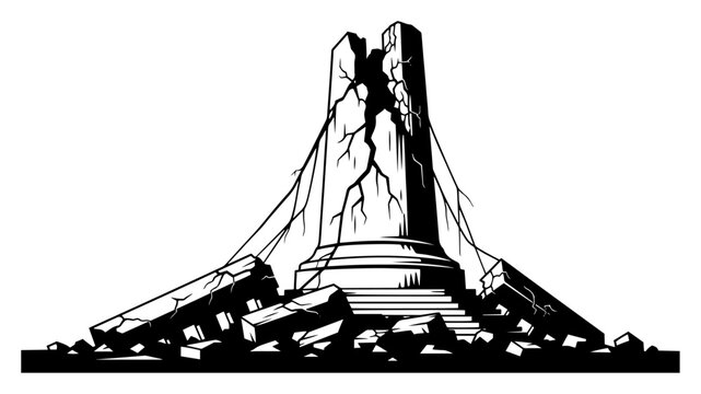 Broken classical monument column with cracks and debris ancient ruin architecture illustration