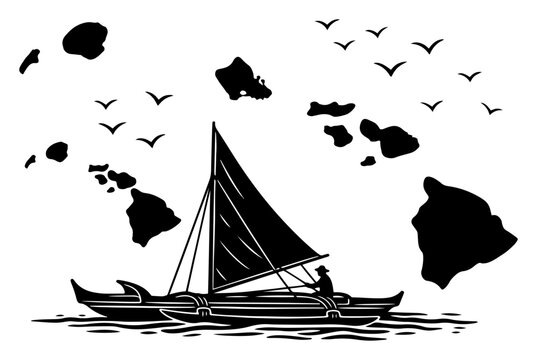 Traditional Hawaiian outrigger canoe sailing in the ocean with islands and birds silhouette