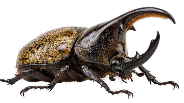 Large Male Hercules Beetle Displaying Curved Horn in Side View on White Background