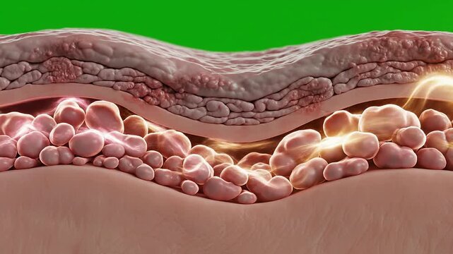 Detailed 3D Anatomical Illustration of Human Skin Layers with Fat Cells on Green Chroma Key Background for Medical and Educational Purposes
