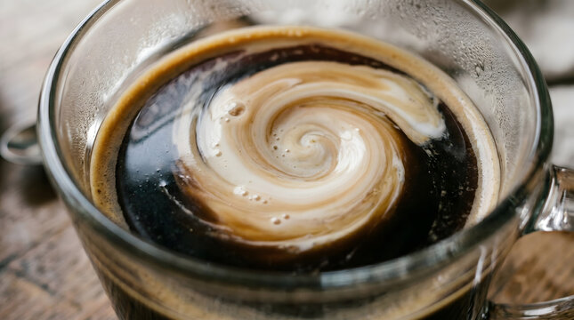 Close up view of a freshly brewed dark coffee with a swirl pattern in a clear glass mug on a rustic wooden surface