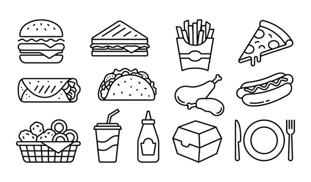 Modern restaurant fast food line icon collection with burgers fries pizza hot dog and mexican snack vectors