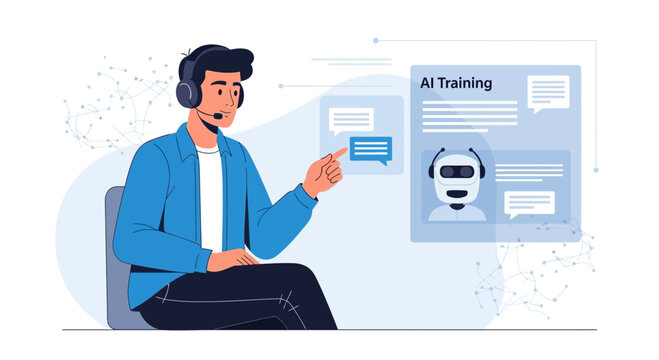 AI Training: Man with headset teaches robot on screen, technology concept