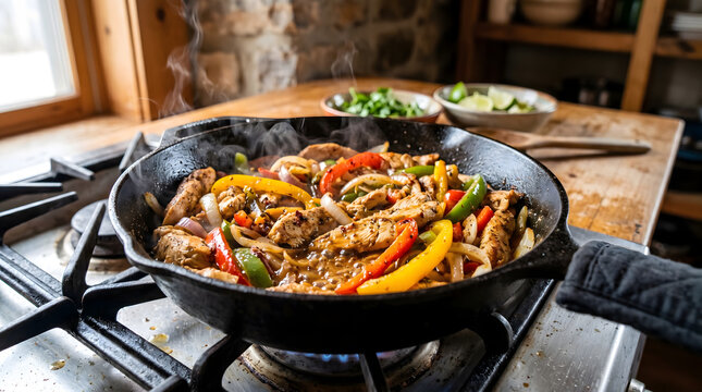 Colorful stir fry with vegetables and meat in a wok on a rustic wooden table