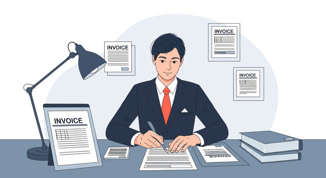 Accountant at desk with invoices and lamp