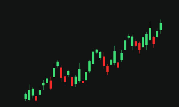 Candlestick chart shows rising stock trend with green and red candles. Visual represents financial growth or market optimism. Raster image in JPEG format