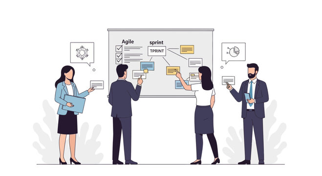 Agile team planning sprint on whiteboard, collaboration, strategy meeting, modern design
