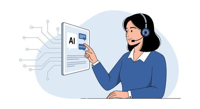 AI Assistant: Woman with headset interacts with digital interface