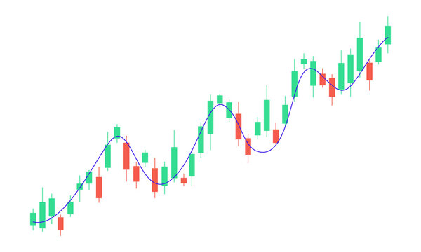 Chart shows price movement with green and red candles. Blue line tracks upward trend. Ideal for financial analysis. Raster image in PNG format
