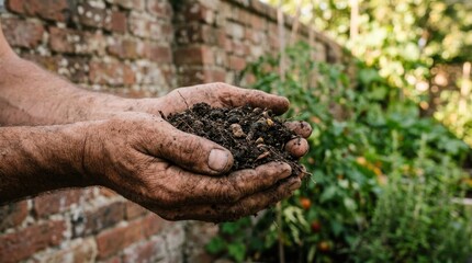 Obraz premium Close-up of a gardener's hands cupped together, holding nutrient-rich dark soil mixed with seeds and compost, with a blurred background of a thriving garden and brick wall.