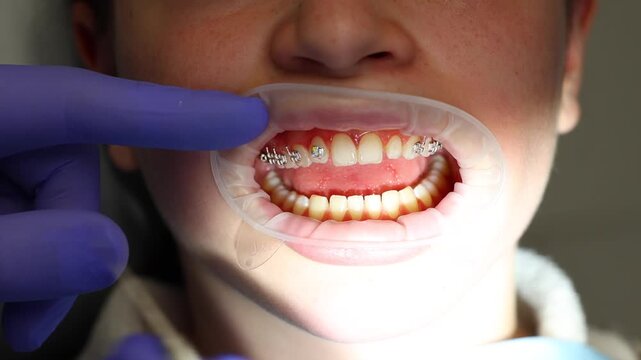 Orthodontist putting elastic bands on teenage girl's braces