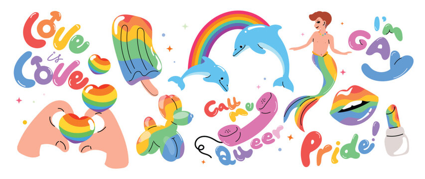 Pride month sticker collection with rainbow dolphins, mermaid, ice cream, lips, lipstick, candy and love typography vector set.
