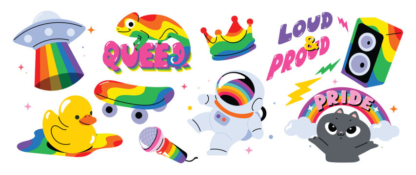Pride month sticker collection with rainbow cat, astronaut, UFO, skateboard, microphone, speaker, chameleon and rubber duck vector set.