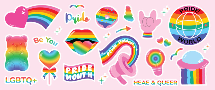 Pride month sticker elements with rainbow bear, lips, megaphone, UFO, globe badge, hand sign, light bulb, hearts, arrows and pride world typography vector set.