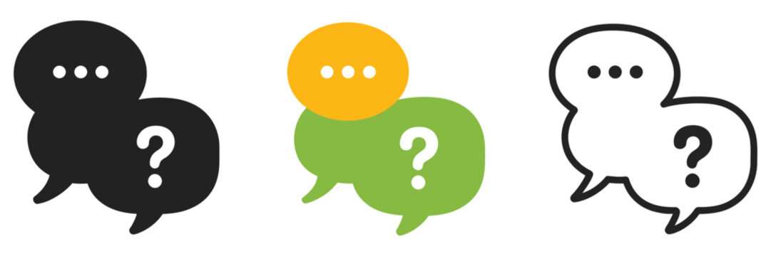 Survey chat bubble icons with question mark symbols, set of three vector communication bubbles representing inquiry, help, customer support, and online feedback, modern messaging interface design