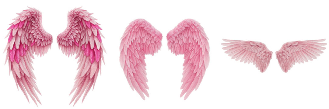 Whimsical PNG set of soft pink feather angel wings spread apart isolated on white background for fantasy costume photography and romantic design graphics