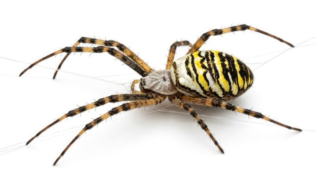 Striped Yellow and Black Spider Resting on White Background