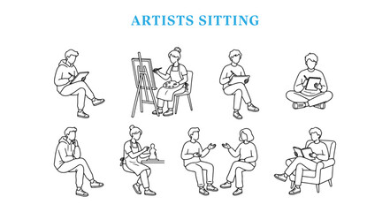 Naklejka na ściany i meble Top View Architectural CAD Blocks of Sitting Artists, Minimalist Line Art Vector Entourage Figures for Floor Plans, Studio Layouts, and Art Gallery Designs