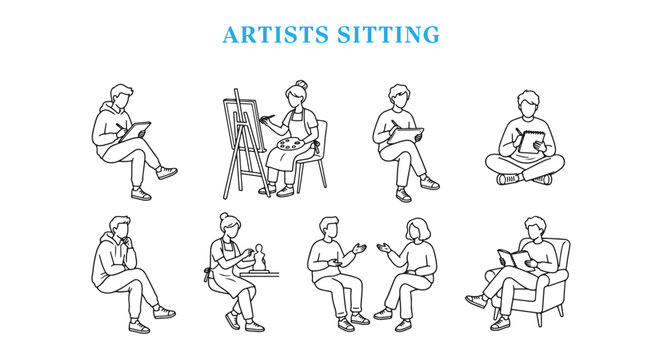 Top View Architectural CAD Blocks of Sitting Artists, Minimalist Line Art Vector Entourage Figures for Floor Plans, Studio Layouts, and Art Gallery Designs