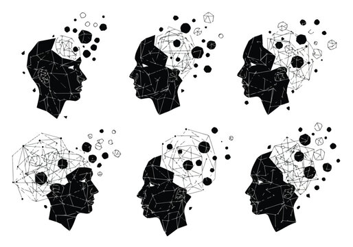 Six black silhouettes of human heads with creative thoughts and ideas flowing out