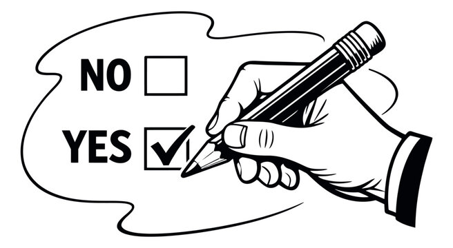 Hand drawn line art illustration of a hand marking a yes vote depicting a choice for surveys and polls