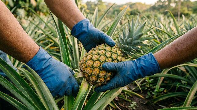 Farmers harvesting pineapple with joy in a tropical field