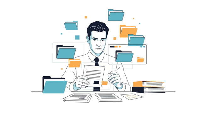 Business man organizing files and data digitally, managing information flow