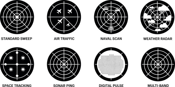 Radar and sonar screen interface icons collection featuring air traffic naval scan weather tracking space digital pulse and sonar ping displays